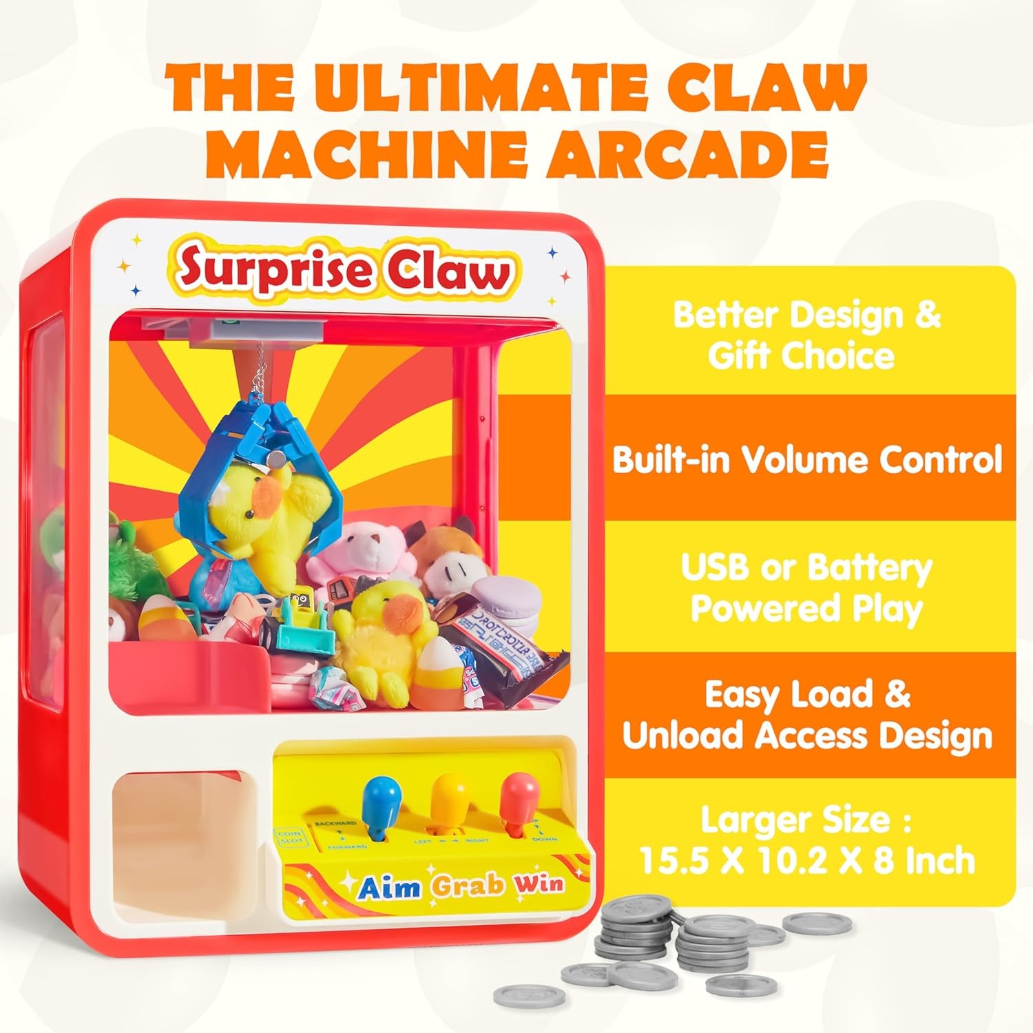 JOYIN Claw Machine Arcade Toy with LED Light & Adjustable Sound, Rechargable Dispenser Toys Mini Vending Machine for Kids - Perfect Christmas & Birthday Big Gifts for Kids, Ages 3+