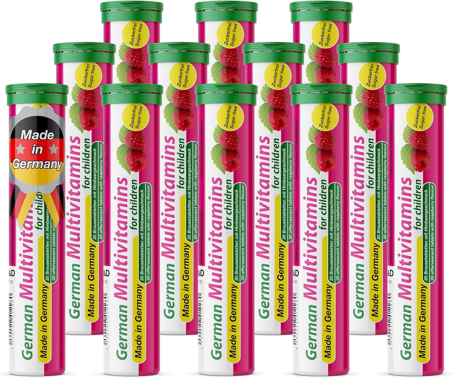 German Multvitamin for Children 8 Vitamins - 240 Vegan Drink Effervescent Tablets - Raspberry Flavor - Made in Germany