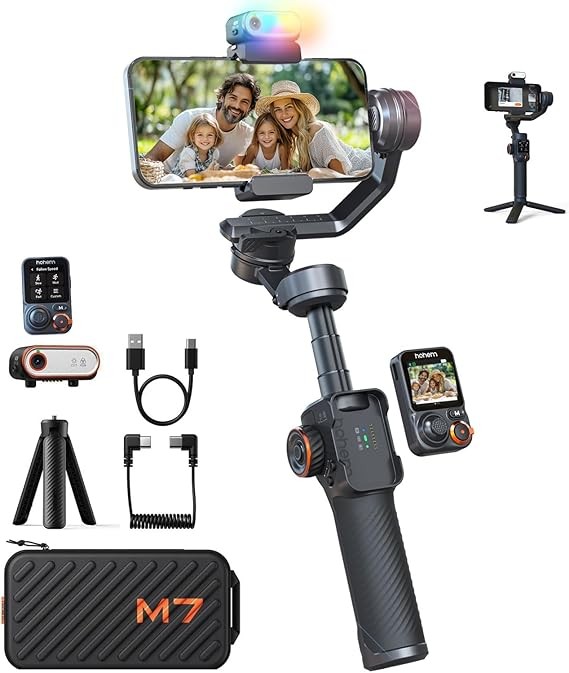 hohem iSteady M7 Gimbal Stabilizer for iPhone, 3-Axis Smartphone Gimbal with Magnetic AI Tracker Fill Light, Detachable Touchscreen Remote Controller, Built-in Extension Rod, 500g Payload