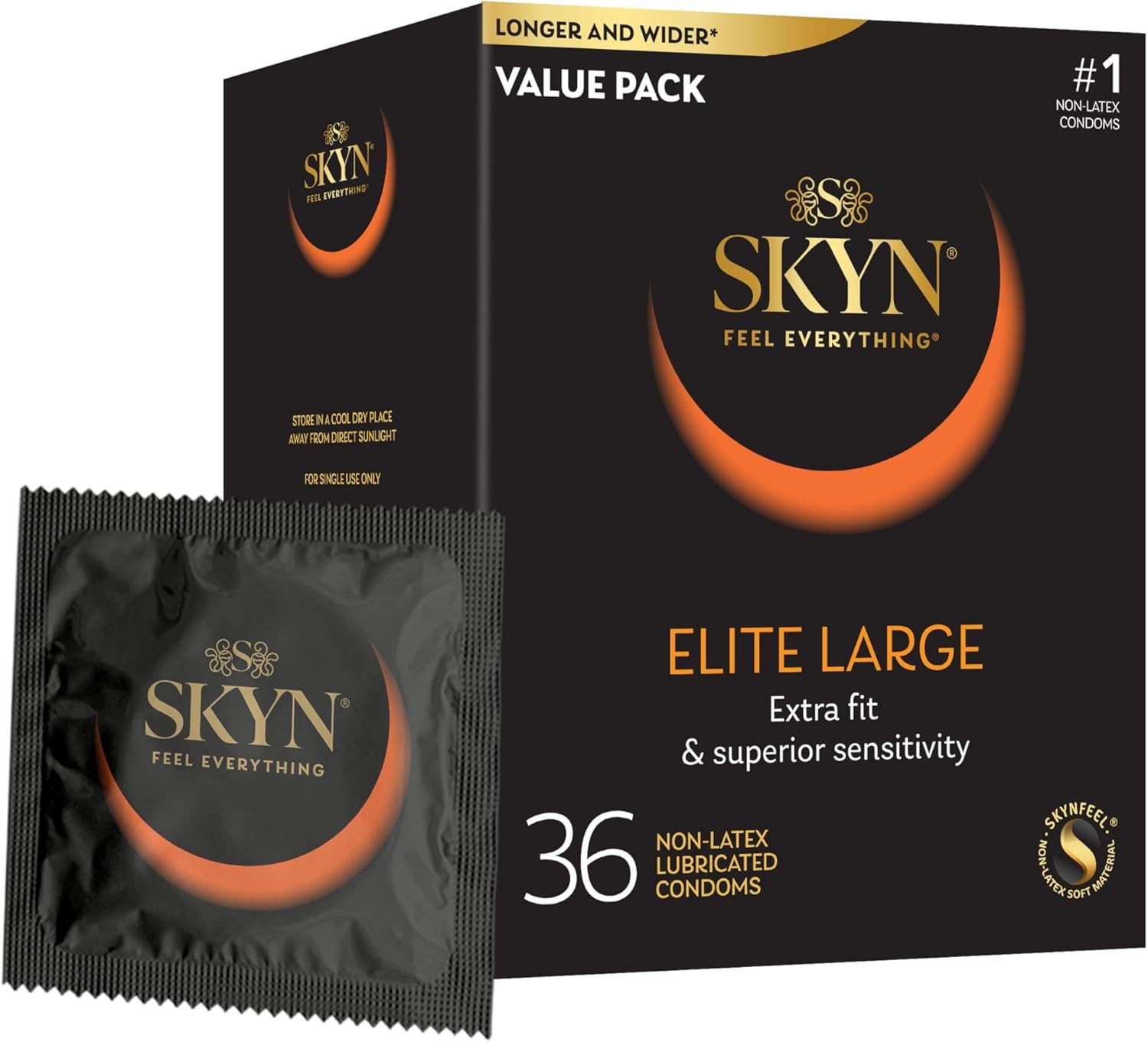 SKYN Elite Large Non-Latex Lubricated Condoms, 36 Count, Comfortable and Smooth Lubricated Condoms, Triple Tested (Pack of 1)