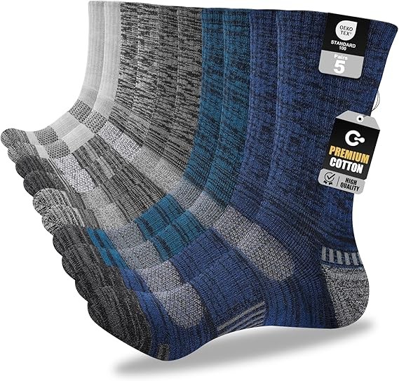 Mens Cotton Boot Crew Socks, 5 Pairs Full Cushion Socks Moisture-Wicking & Reinforced for Work Hiking Walking Outdoor