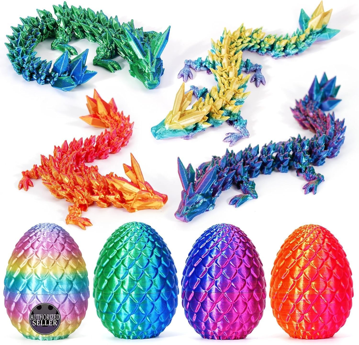 TBOLINE 4PCS 3D Printed Dragon Egg, Articulated Crystal Animals Fidget Toy Kid, Small 3D Printer Dinosaur Dino Eggs Toy Easter Gifts for Kids Boy Girls (4-Piece-C)