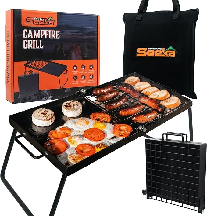 Campfire (Adventure Seeka 24" Heavy Duty Folding Campfire Grill, Food-Safe Cooking Surface, Compact Folding Design, Portable Grill Grate & Griddle for Campfire Cooking, Australian Designed & Owned)