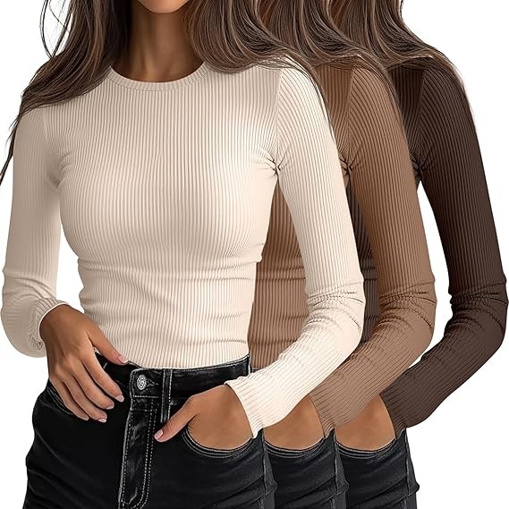 Ficerd 3 Pack Women's Ribbed Long Sleeve Tops, Crew Neck Slim Fit Undershirts Knit Basic Casual Stretch Layering Tee Shirts