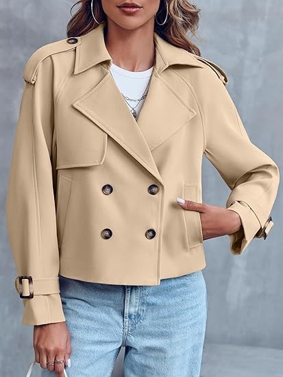 Saodimallsu Women Crop Double Breasted Trench Coat Raglan Sleeve Work Office Cropped Jacket With Pockets