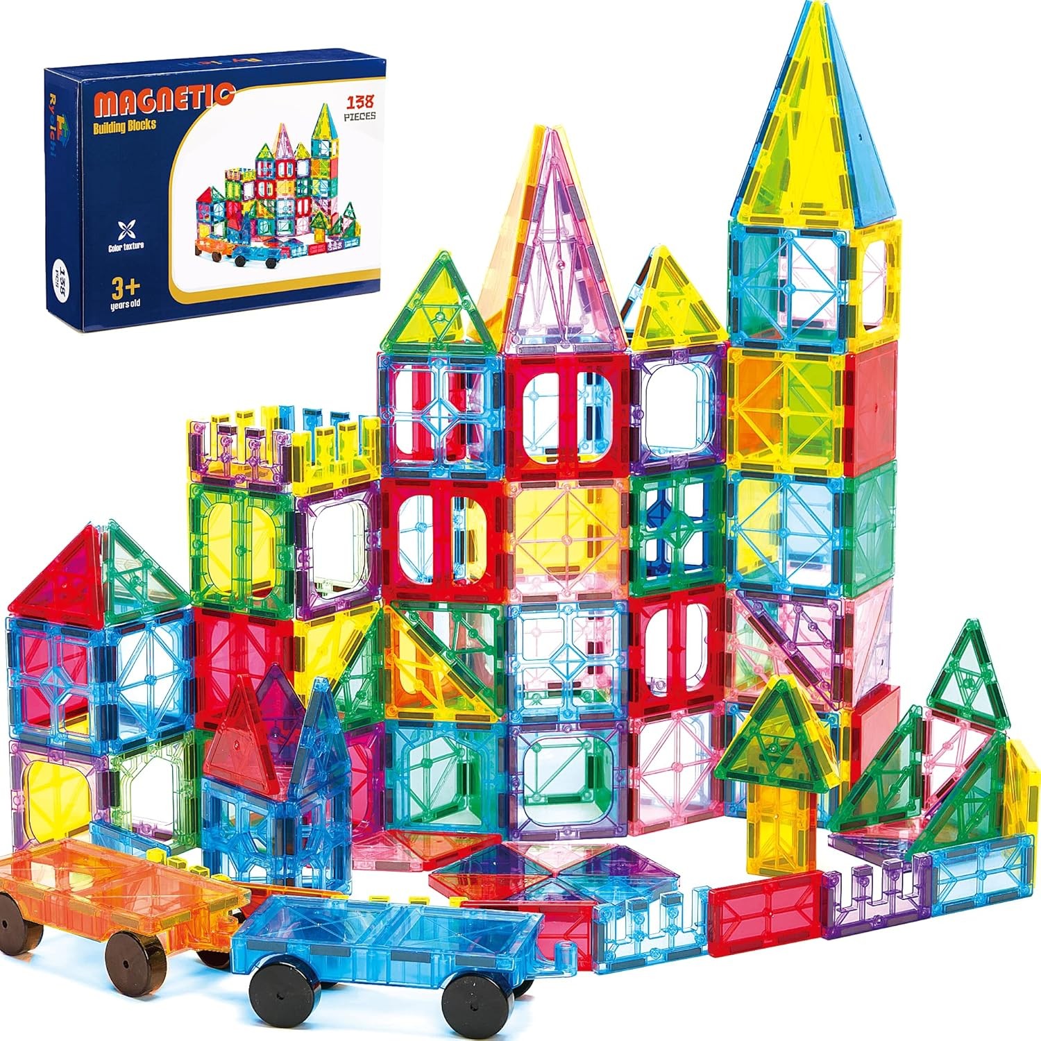 Ryoichi 138PCS Magnetic Building Tiles Set with 2 Cars, STEM Educational Construction Blocks & Montessori Learning Toys for Kids Ages 3-9+ Years