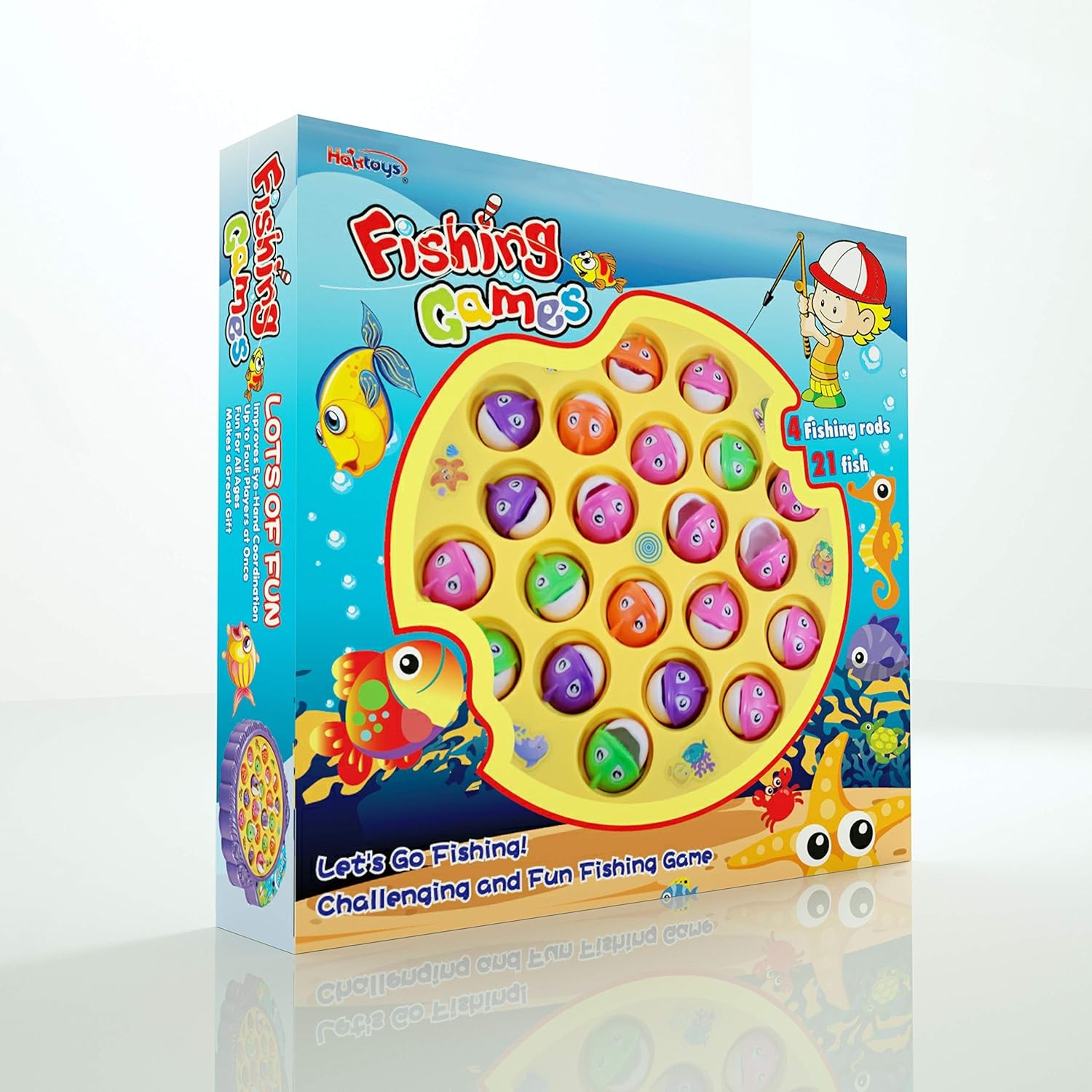 Haktoys Fishing Game for Kids & Toddlers – Battery-Operated Rotating Fishing Toy with 21 Fish, 4 Poles & Music On/Off Switch – Fun Educational Board Game for Boys & Girls