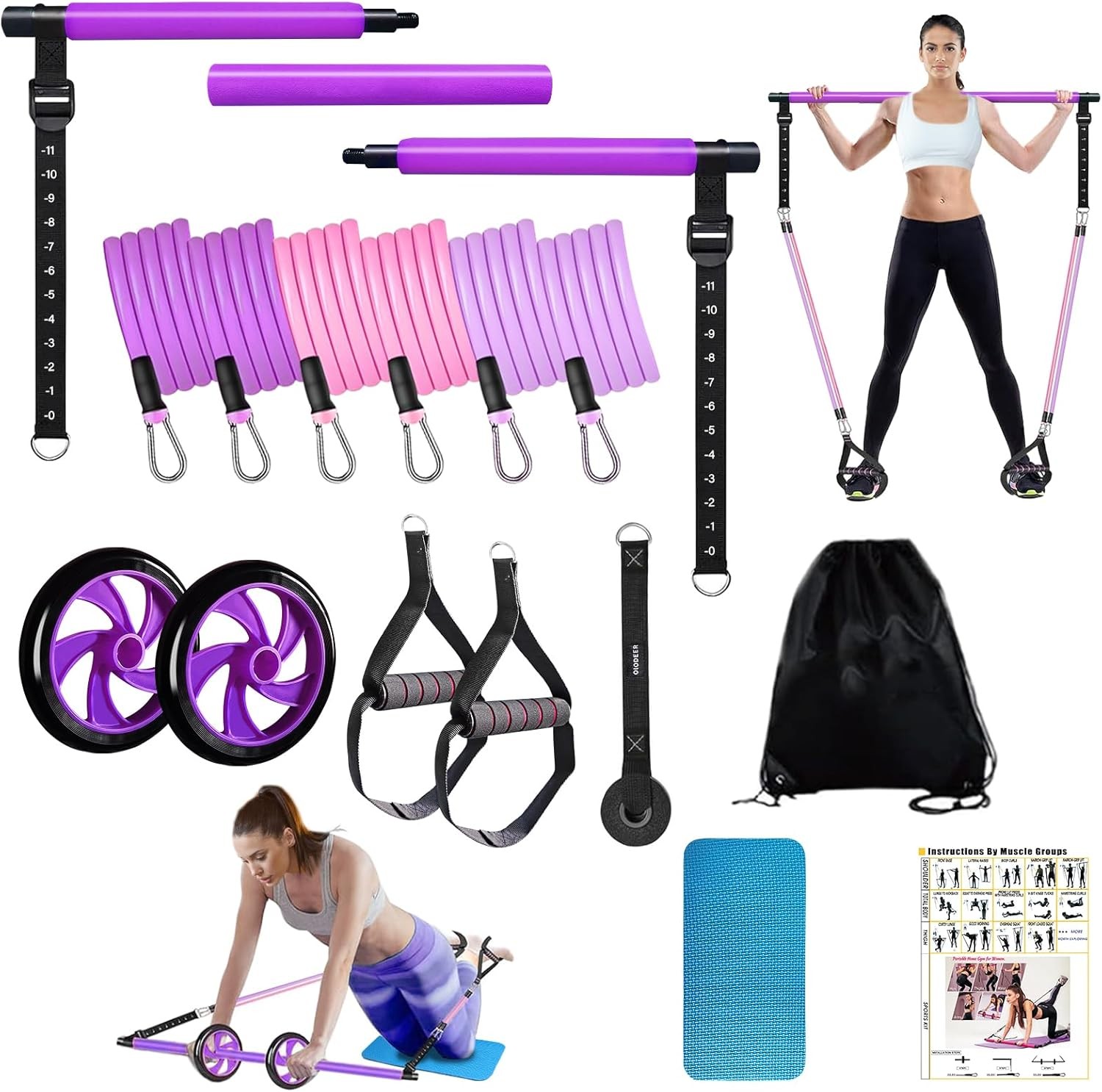 Pilates Bar Kit with Resistance Bands for Working Out, Pilates Equipment with Ab Roller for All Fitness Levels, Portable Home Gym Full Body Workout Equipment for Women&Men